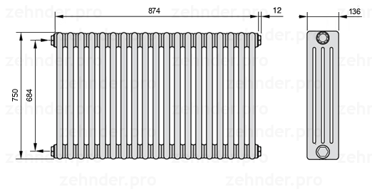 Схема (чертеж) Радиатор Zehnder Charleston 4075/19 №1270 Белый глянцевый RAL 9016